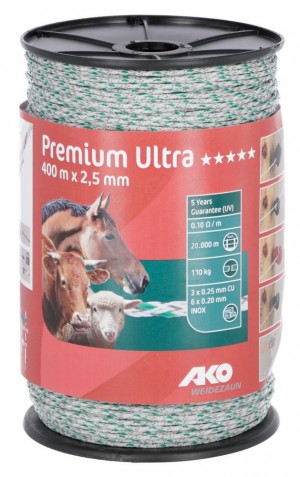 Premium Ultra Weidezaunlitze weiß/grün 2,5 mm / 400 m